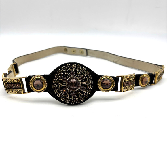 Vintage 80s Ames 9845 Black Suede Gold Medallion Rhinestone Waist Belt L 34\